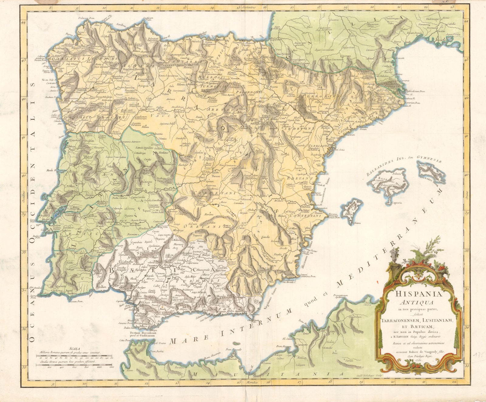 'Hispania Antiqua in tres praecipuas partes…' VAUGONDY/SANSON. Iberia 1750 map